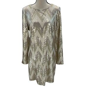 Vince Camuto Long Sleeve Chevron Pattern Sequin Mini Dress - Cream Ivory -  14